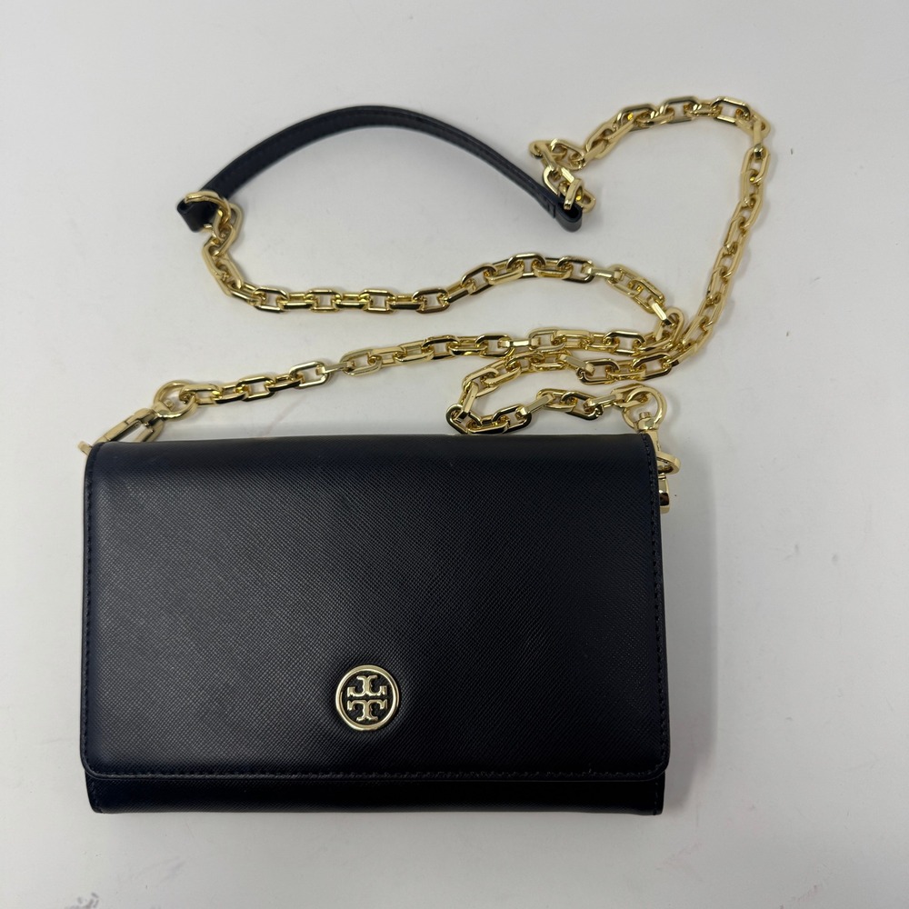 Tory Burch Womens Robinson Chain Wallet Crossbody Black Preowned Stains